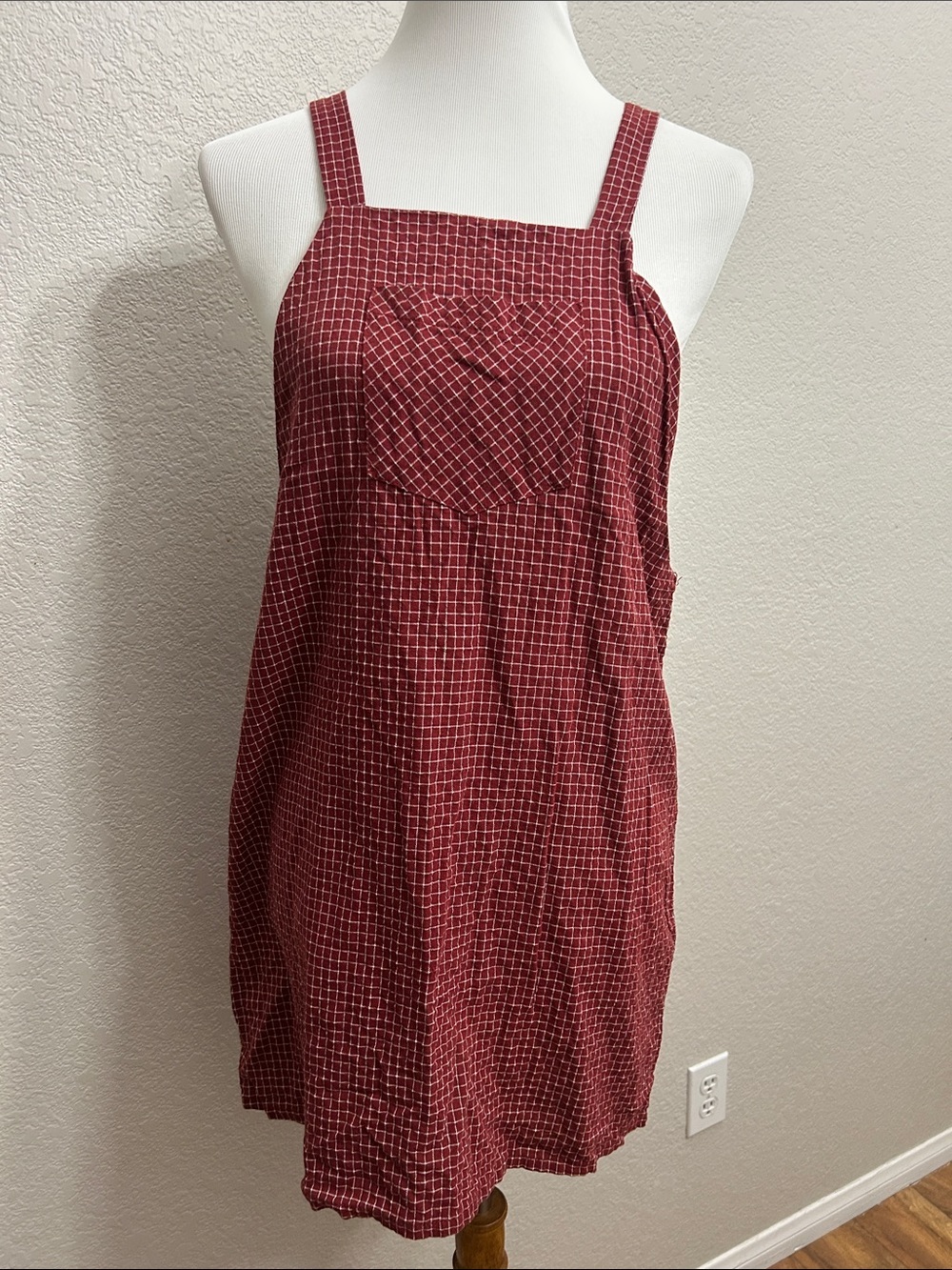 Purple Snow Red Grid Pinafore Dress Medium Plaid Apron Jumper Overall Pocket